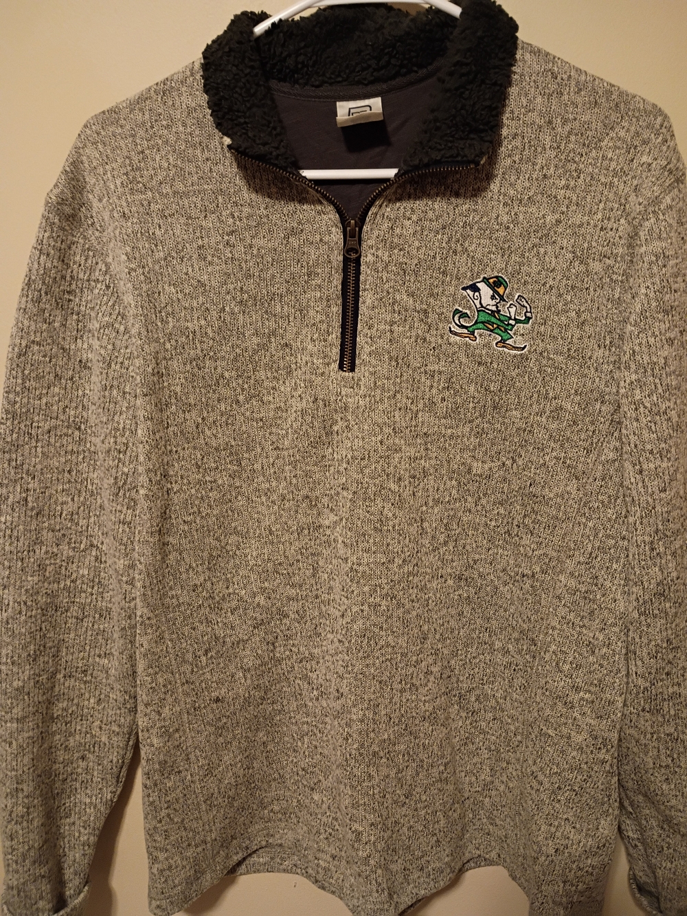 Pro Edge Gray Quarter-Zip Sweater with Black Sherpa Collar and Green Logo